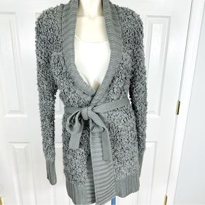 BUFFALO David Bitton Chucky knit crochet belted long gray warm sweater jacket M